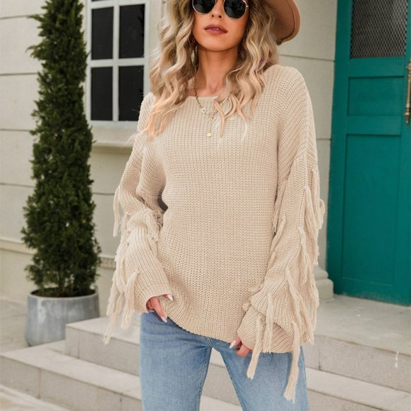 Loose Pullover Round-Neck Tassel Long Sleeve Sweater - Picture 2 of 6